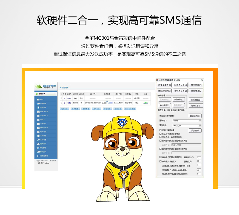 软硬二合一 实现高可靠SMS通信 金笛MG301与金笛短信中间件配合 通过软件看门狗 监控发送错误和异常 重试保证信息最大发送成功率